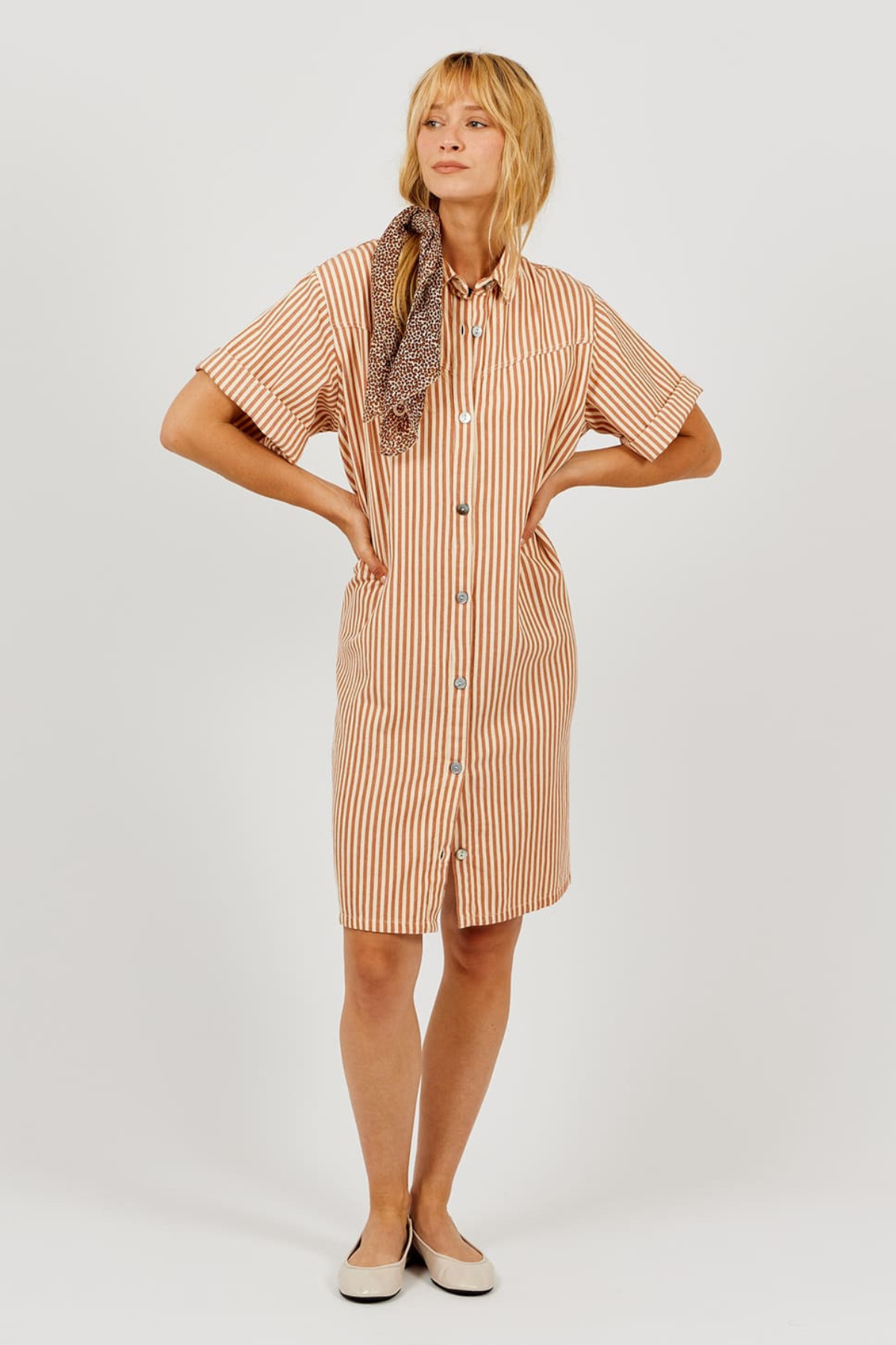 rust and cream woven cottoen button down midi length women's dress