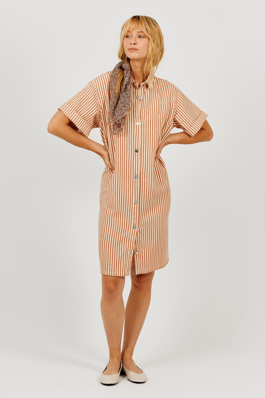 rust and cream woven cottoen button down midi length women's dress