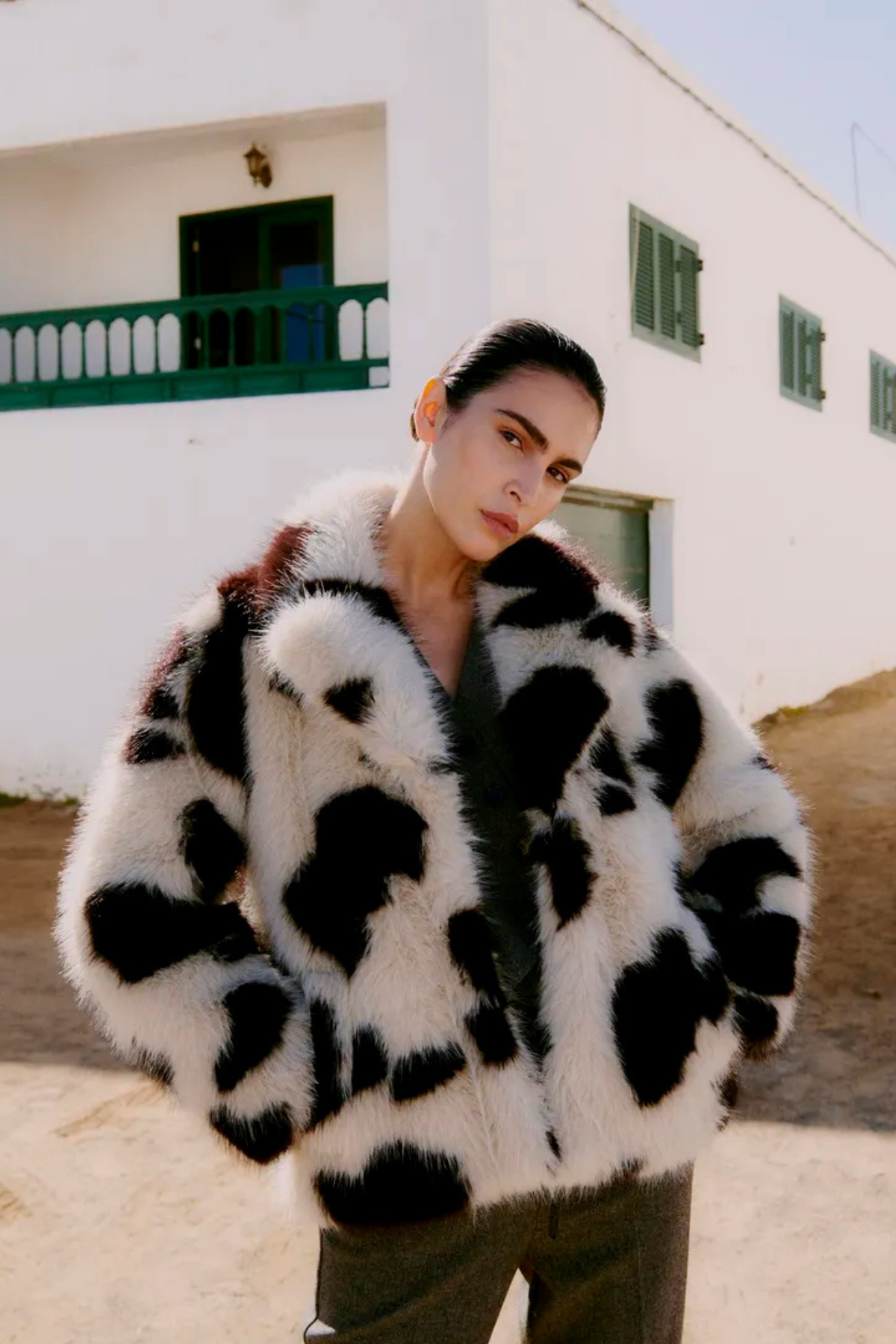 BYBEMIO Cow Print Faux Fur Coat