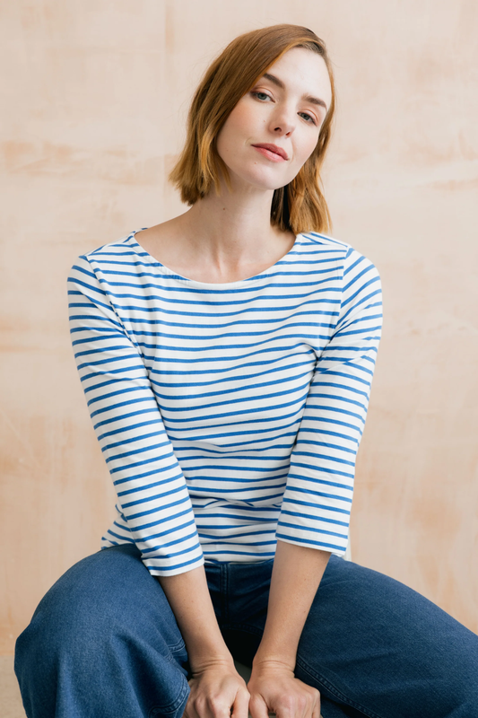 cotton cobalt and white striped jersey top with three-quarter sleeve and boatneck 