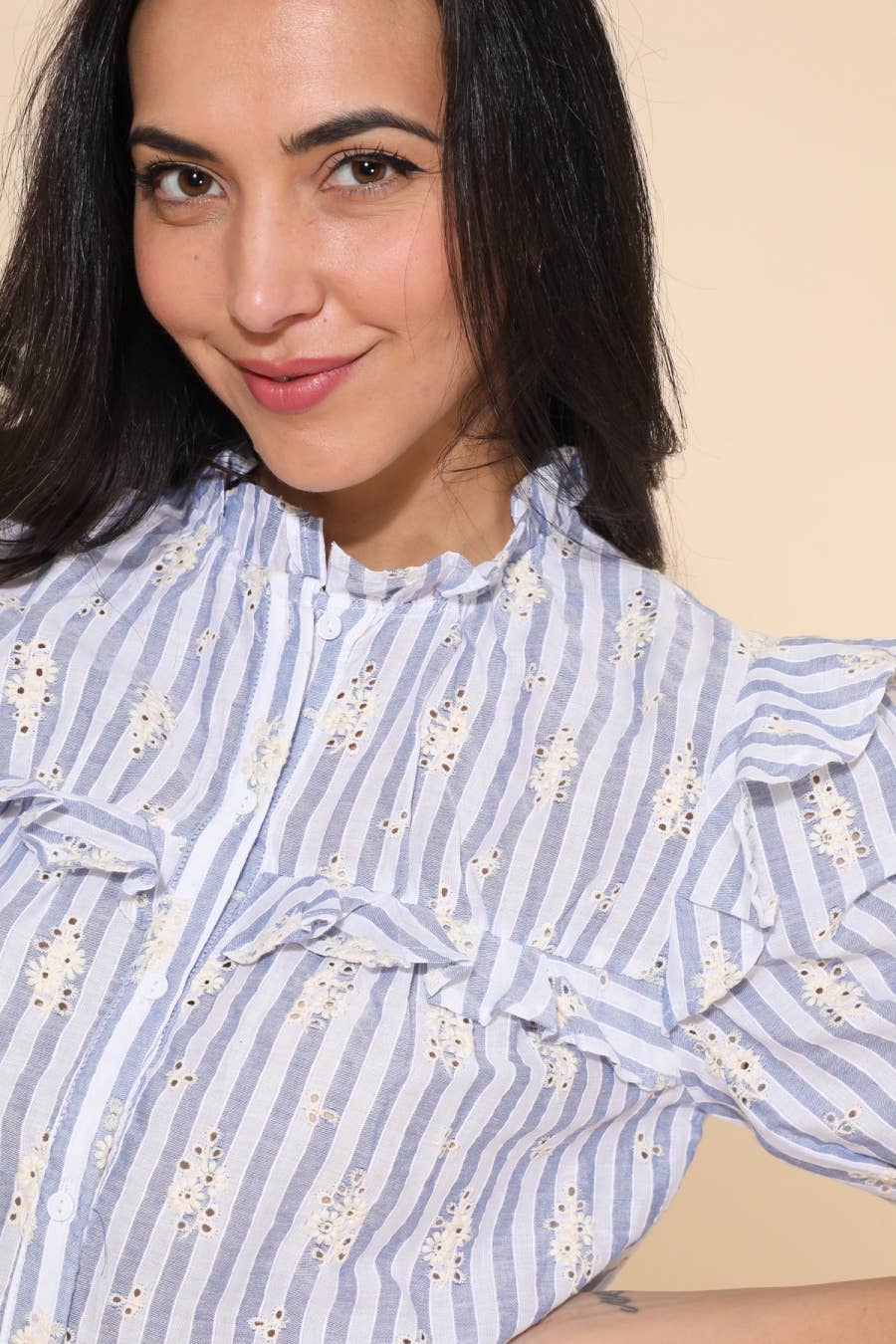 Yvie - Blue Stripe Ruffle Embroidered Blouse