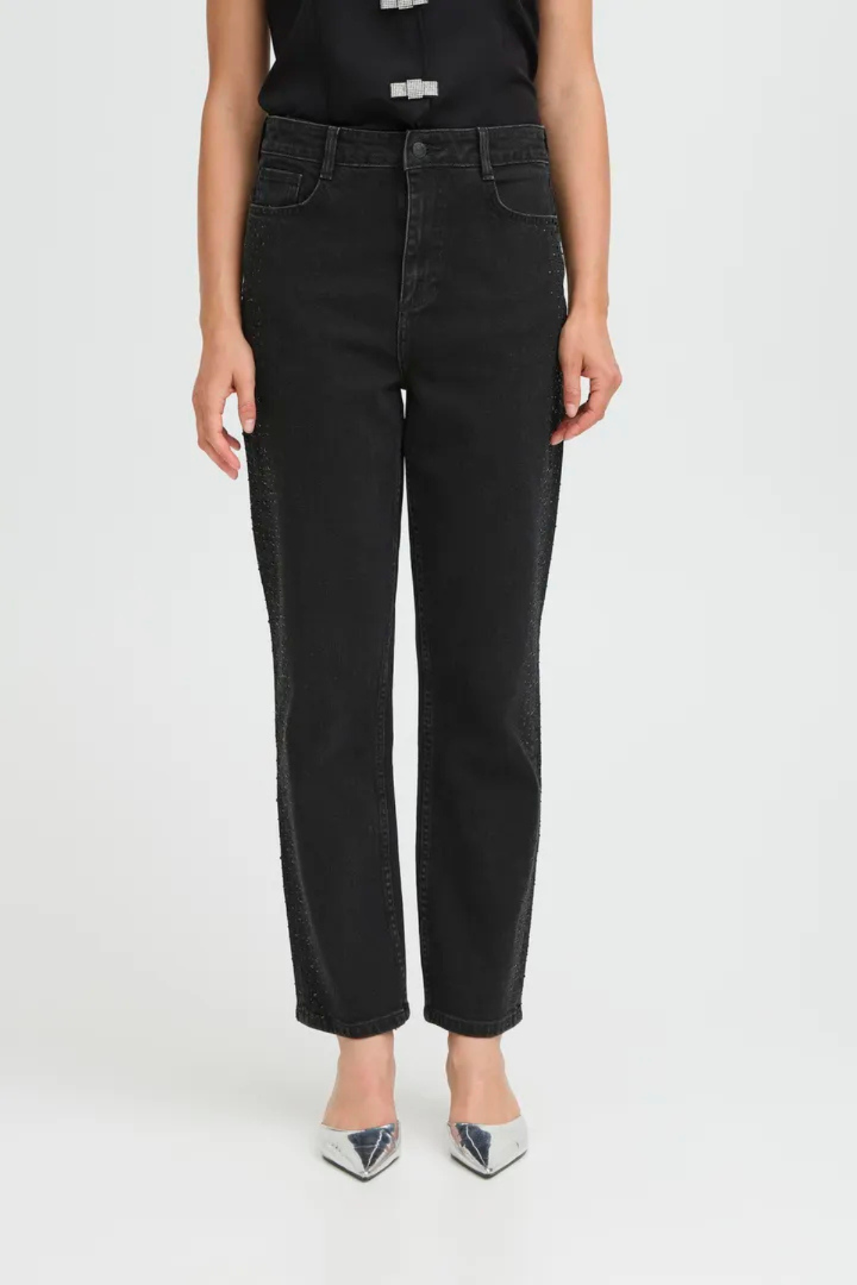 BYLARA Straight Black Denim Rhinestone Jeans