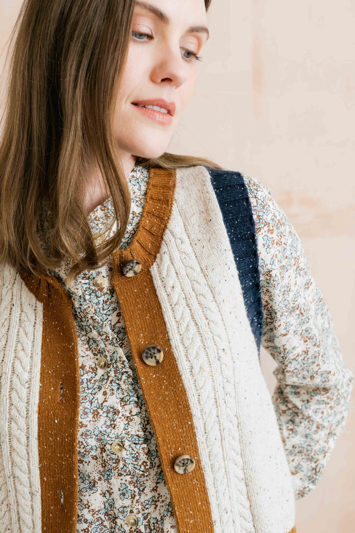 Grove Colour Block Vest Fleck Cable Knit