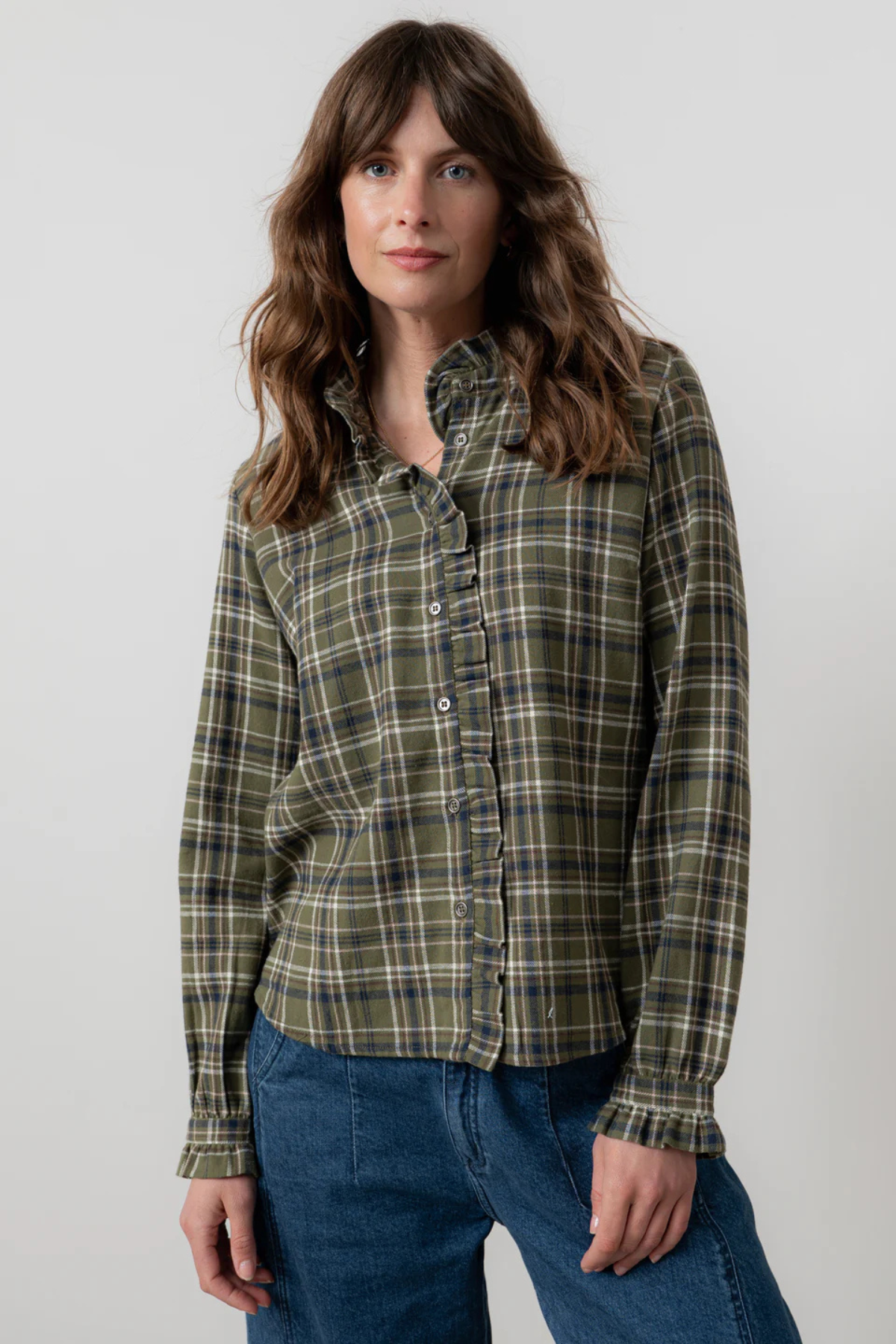 Sage Frill Organic Brushed Cotton Checked Blouse Multi