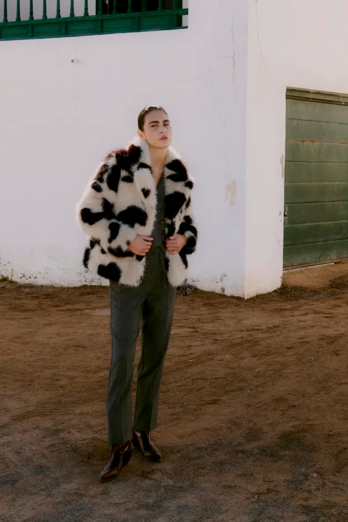 BYBEMIO Cow Print Faux Fur Coat