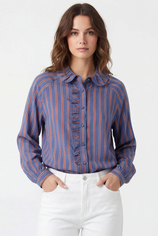 Blue and chocolate brown striped women's shirt with frilly collar