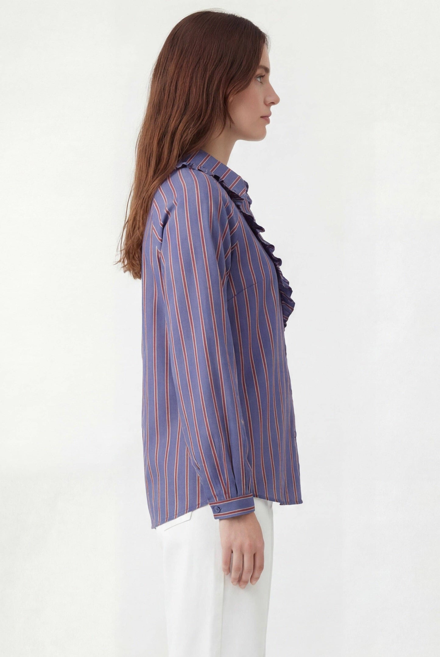 DAREN - Blue & Chocolate Striped Ruffle Shirt
