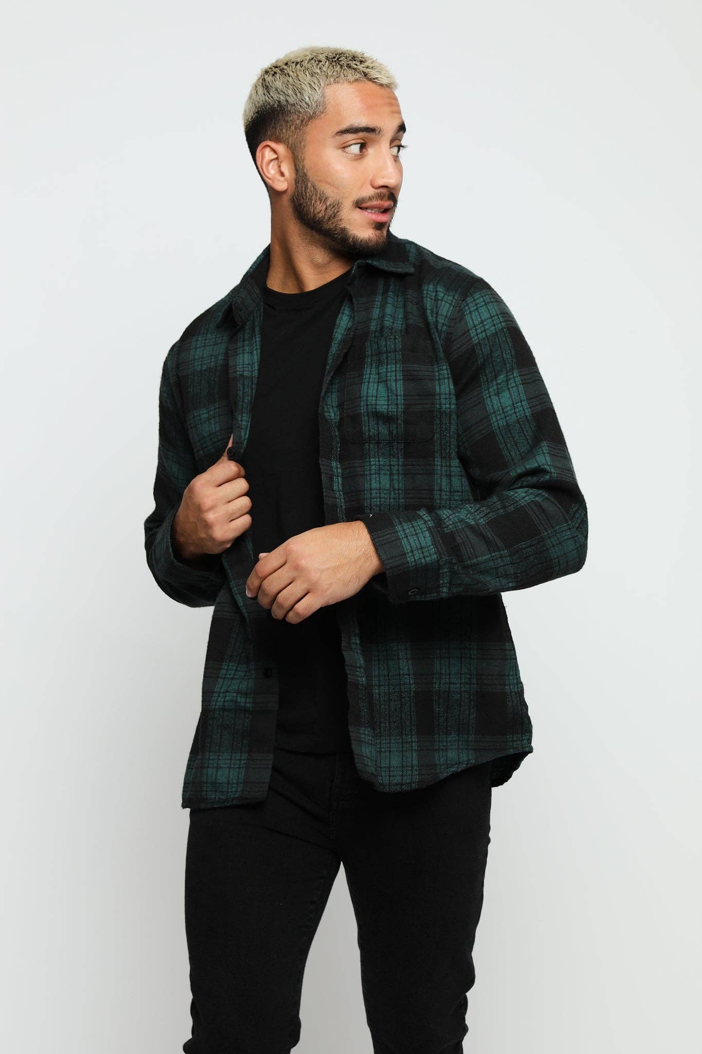 Plaid Flannel Check Shirt - Dark Green/Black