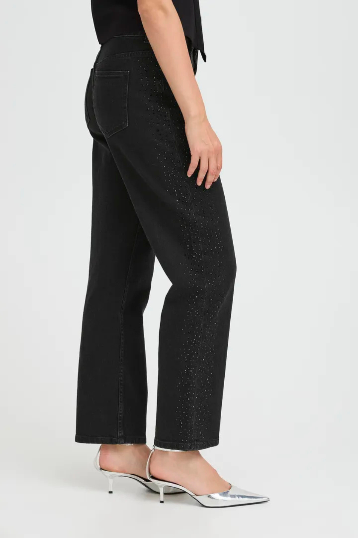 BYLARA Straight Black Denim Rhinestone Jeans