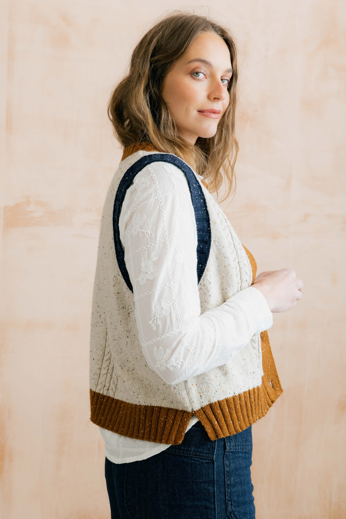 Grove Colour Block Vest Fleck Cable Knit