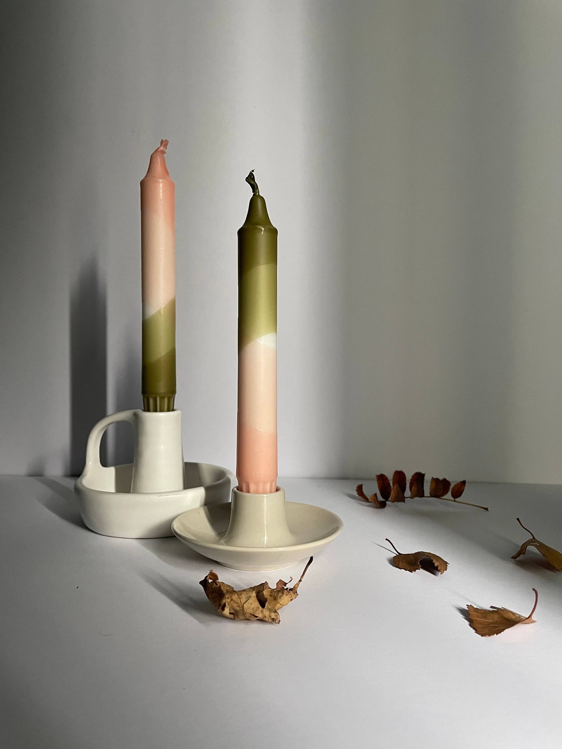 The Singing Rabbit - Blush Pink and Olive Green Dip Dyed Dinner Candles