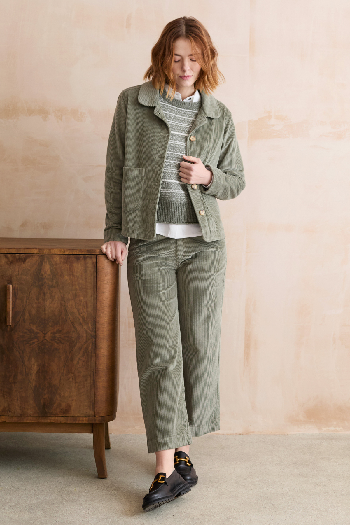 Isla Crop Trouser Plain Jumbo Cord - Sage