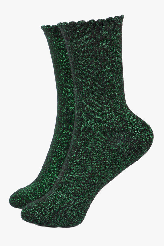 Green Glitter Socks with Scalloped Cuff