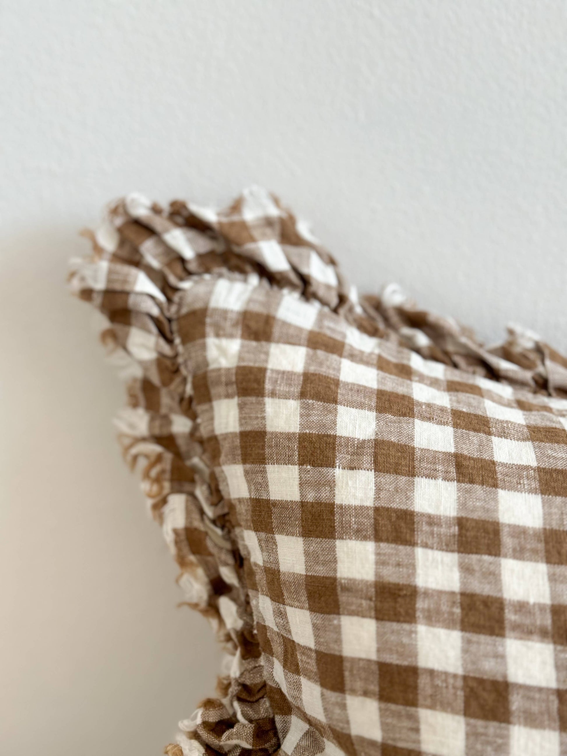 HALLIE Brown Gingham Linen Cushion Cover 50x30cm