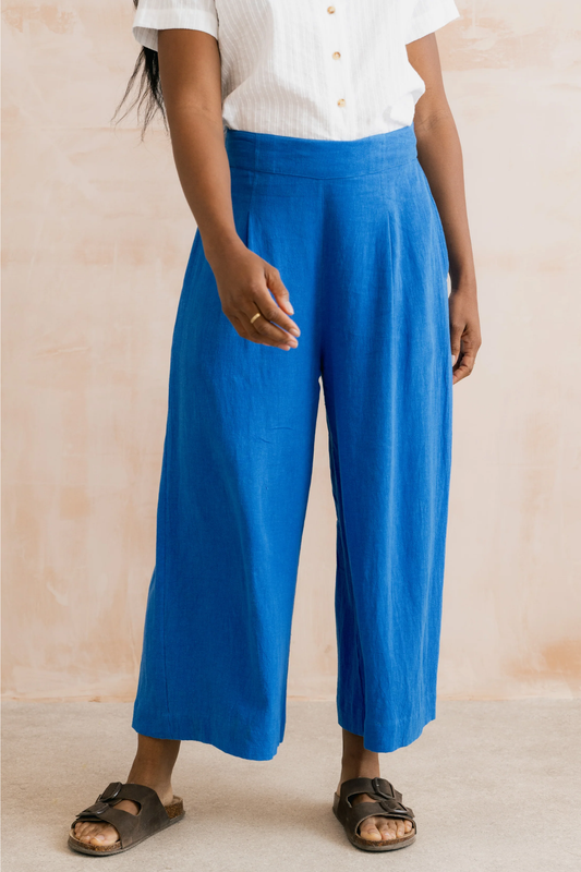 wide, cropped leg, flat front and elasticated back waist cobalt linen trousers