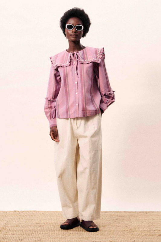 Pink and lilac striped cotton shirt with exaggerated frilly collar and puffy sleeves
