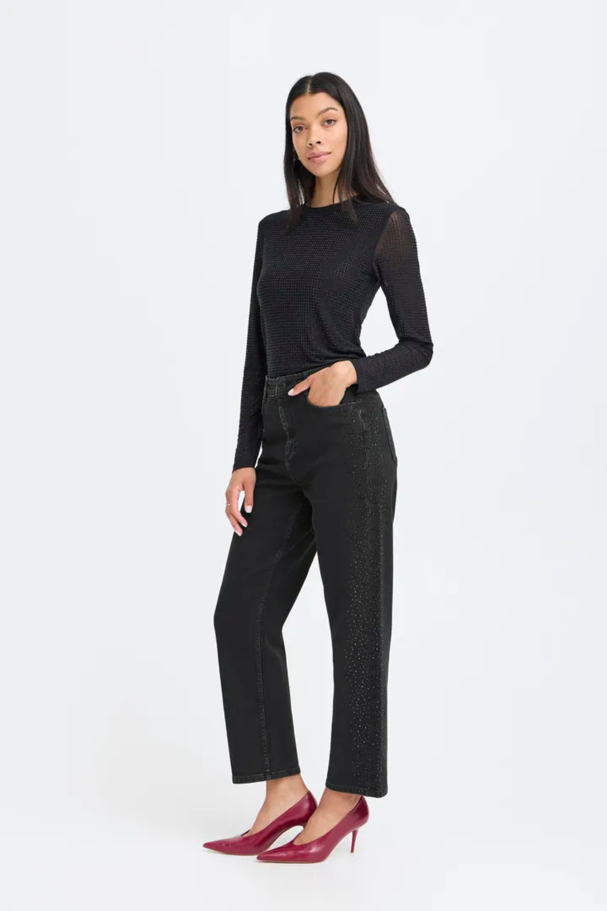 BYLARA Straight Black Denim Rhinestone Jeans