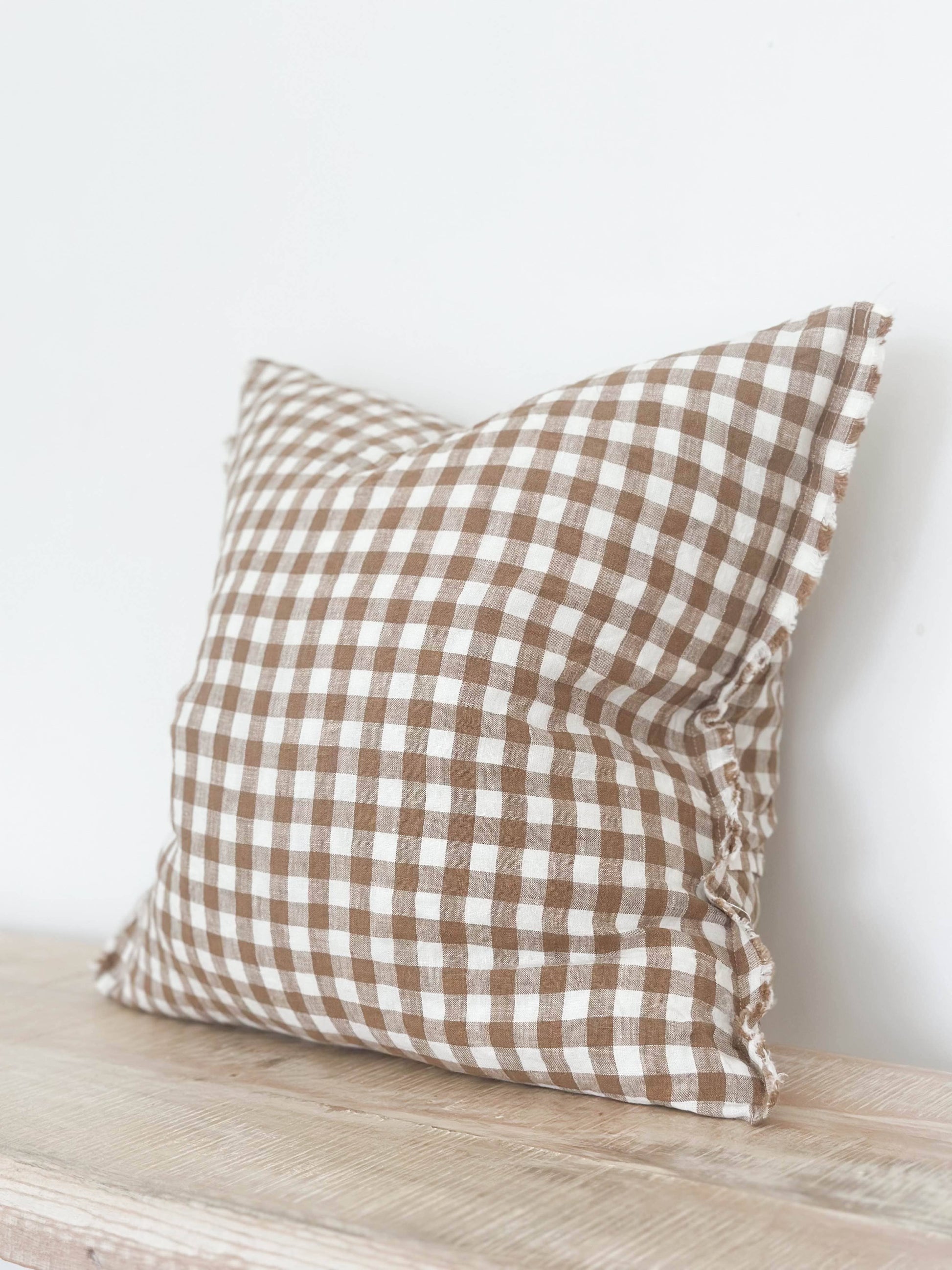 ESMEE Brown Gingham Cushion - Frayed Edge