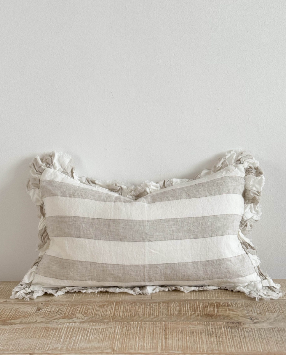 Hallie Grey Wide Stripe Ruffle Cushion 50×30cm