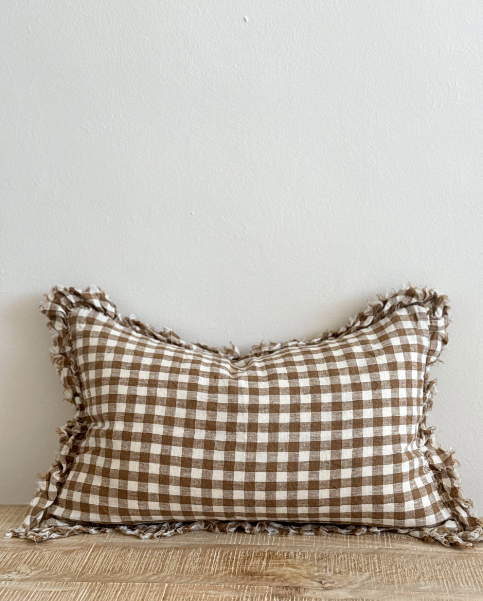 HALLIE Brown Gingham Linen Cushion Cover 50x30cm