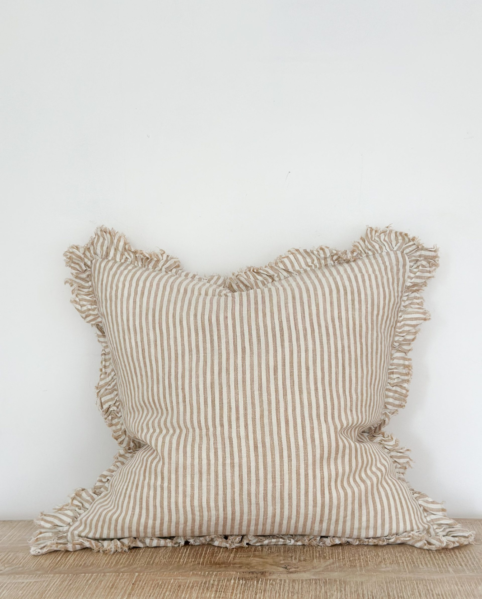 HALLIE Light Brown Stripe Linen Cushion Cover