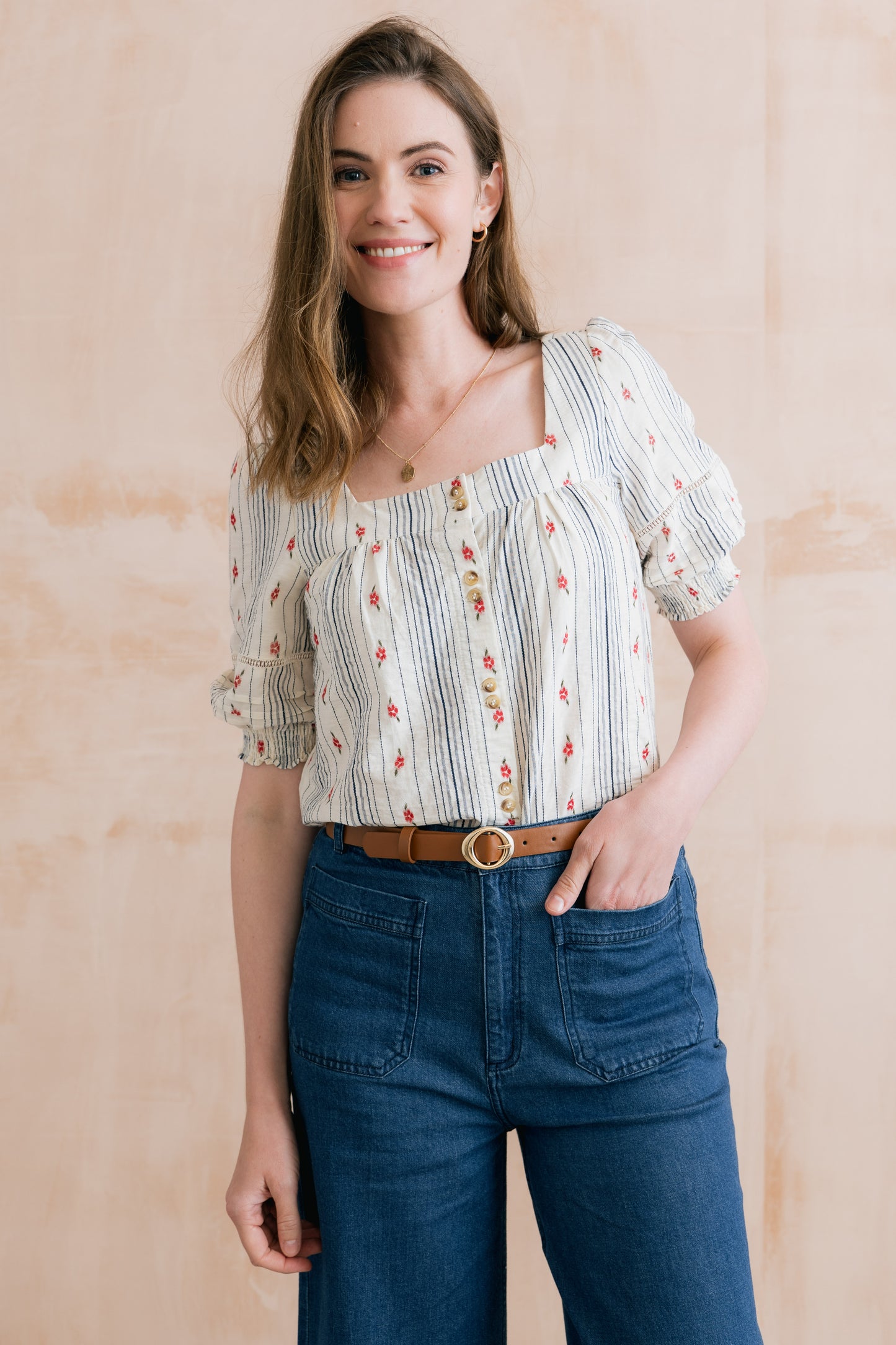 SALE - Poppy Embroidered Stripe Blouse Ecru