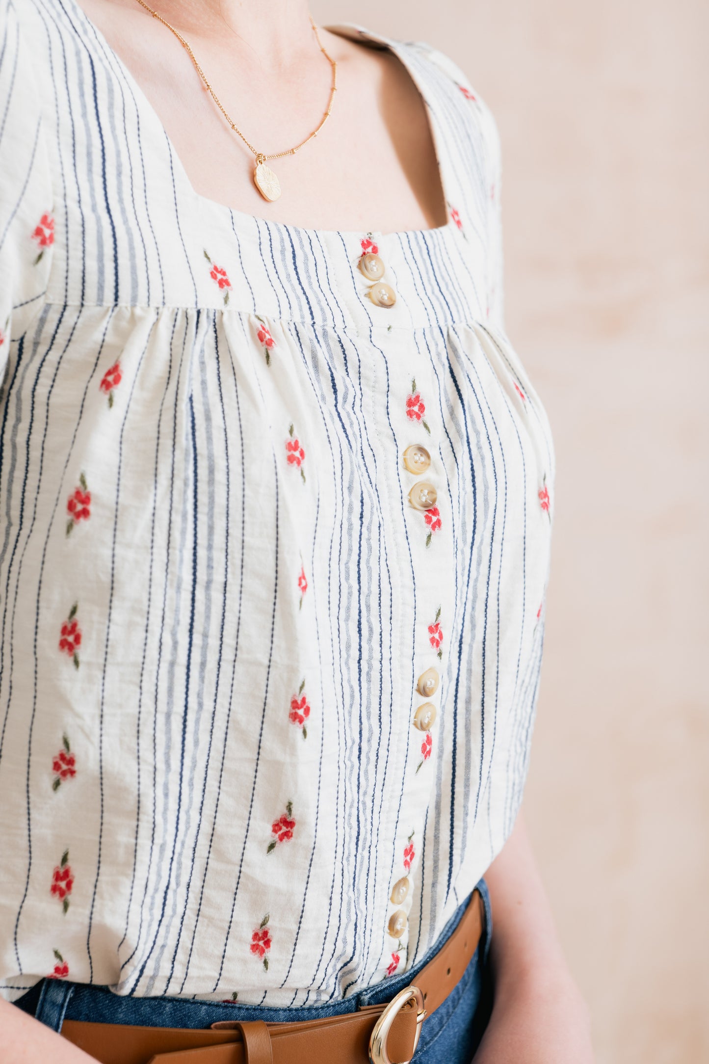 SALE - Poppy Embroidered Stripe Blouse Ecru