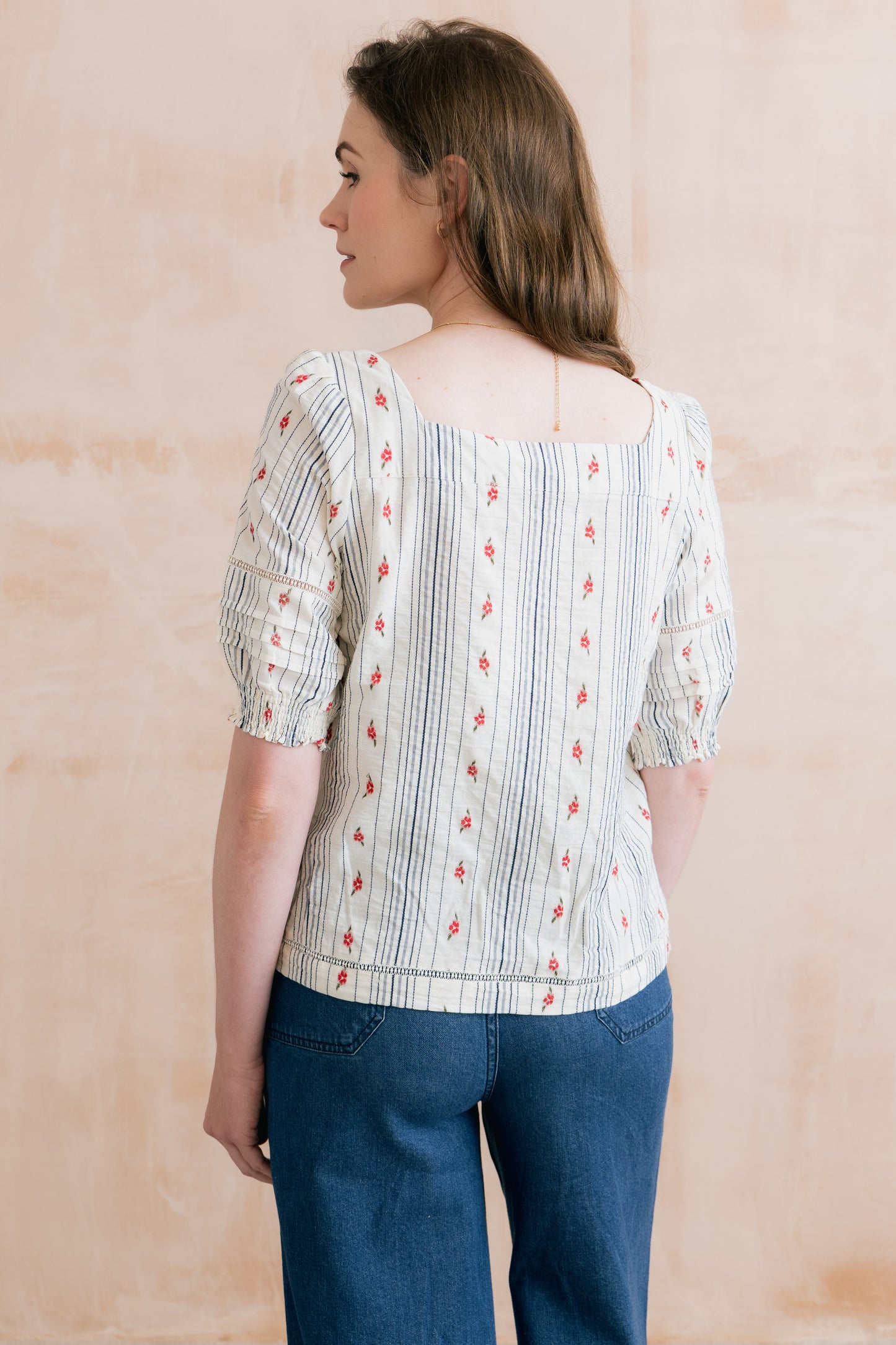 SALE - Poppy Embroidered Stripe Blouse Ecru