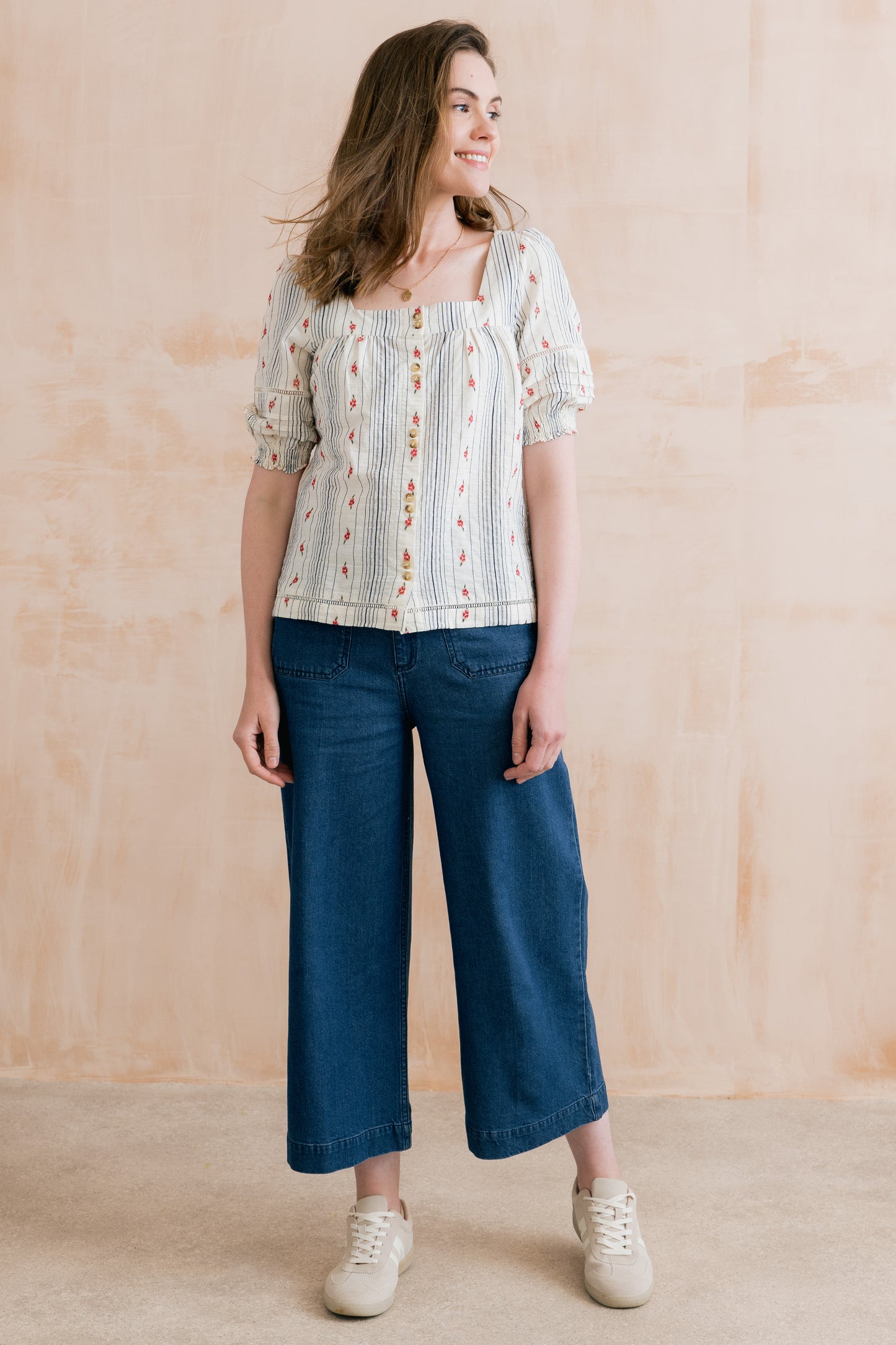 SALE - Poppy Embroidered Stripe Blouse Ecru