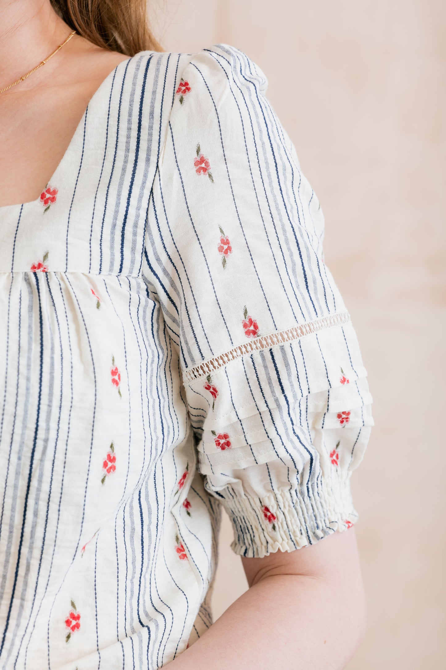 SALE - Poppy Embroidered Stripe Blouse Ecru