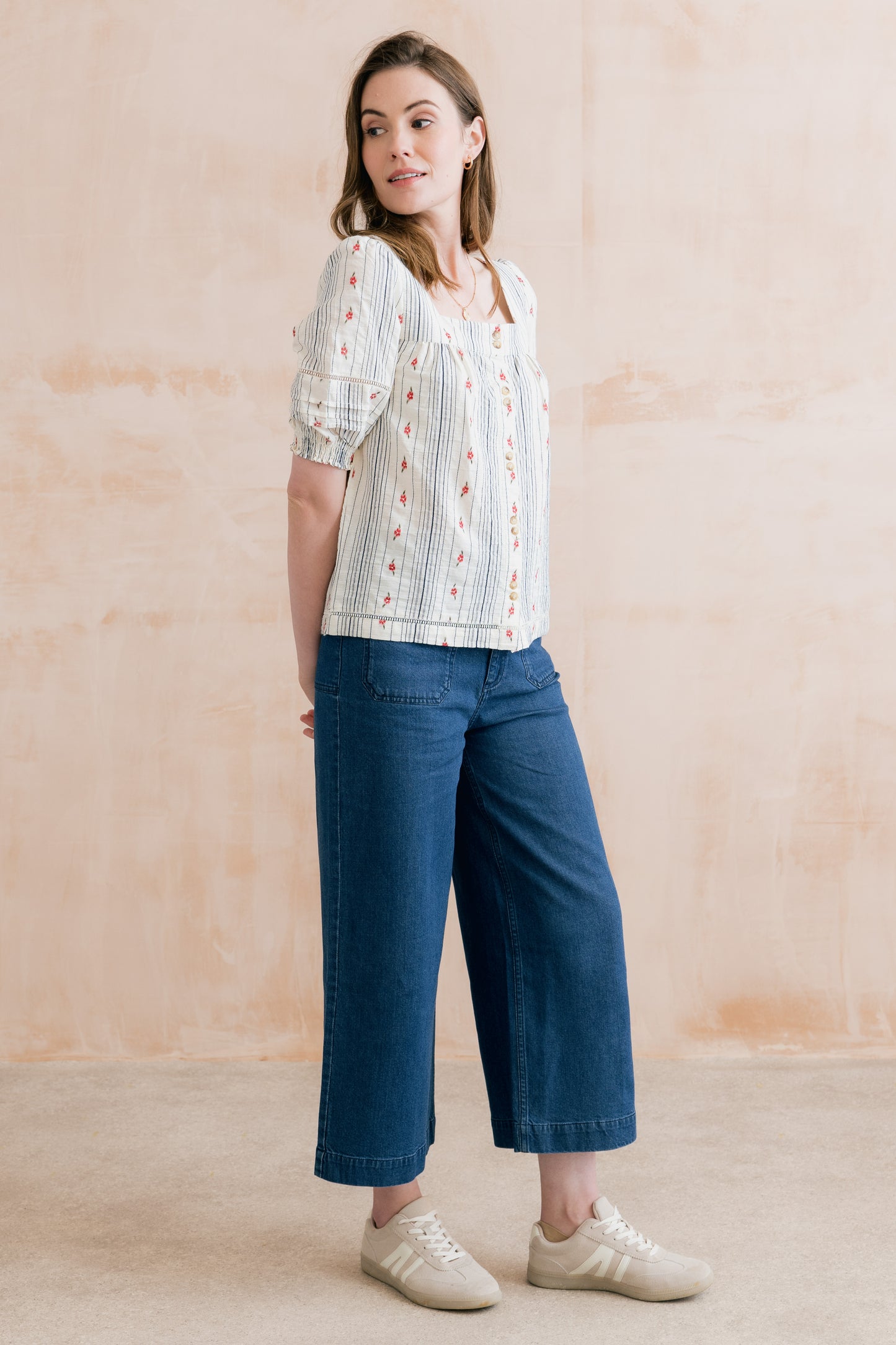 SALE - Poppy Embroidered Stripe Blouse Ecru