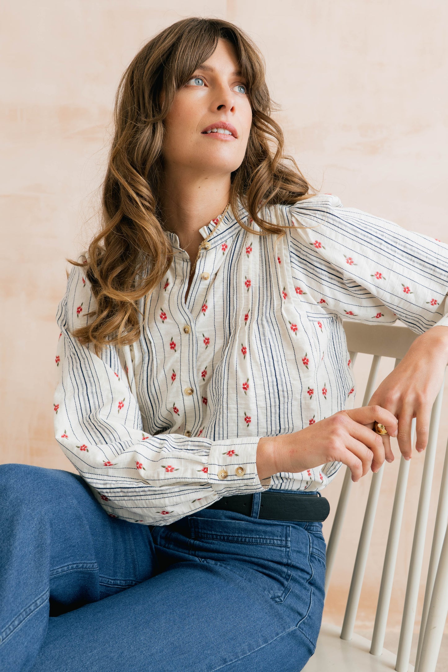 SALE - Flora Blouse - Floral Embroidered Stripe