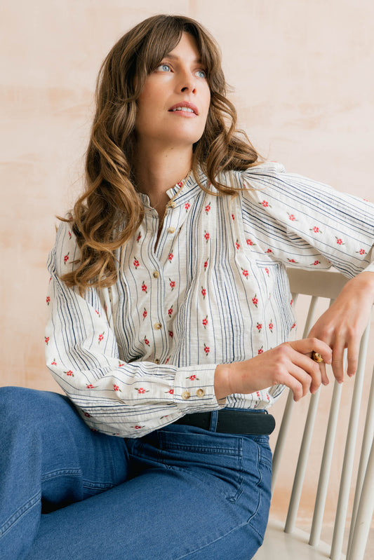 Flora Blouse - Floral Embroidered Stripe