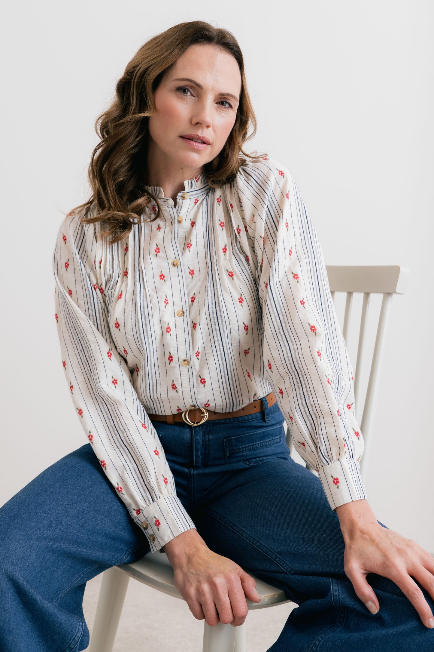 SALE - Flora Blouse - Floral Embroidered Stripe