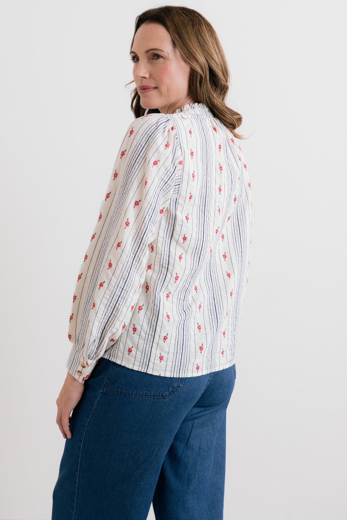 SALE - Flora Blouse - Floral Embroidered Stripe