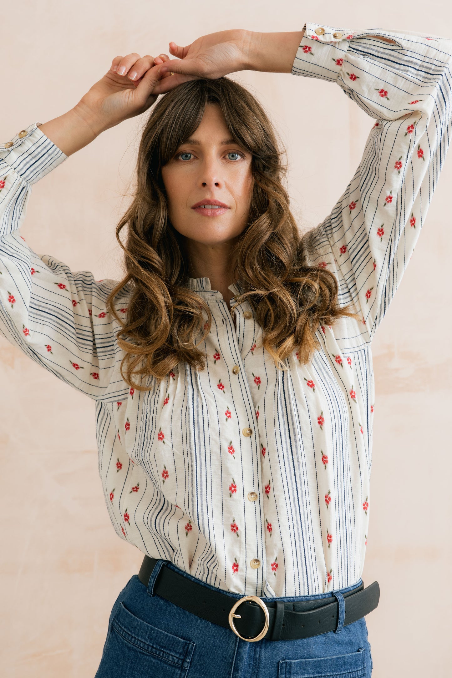 SALE - Flora Blouse - Floral Embroidered Stripe