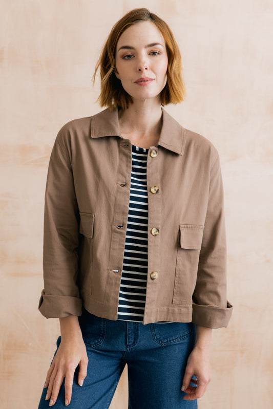 Light brown plain twill womens cropped jacket