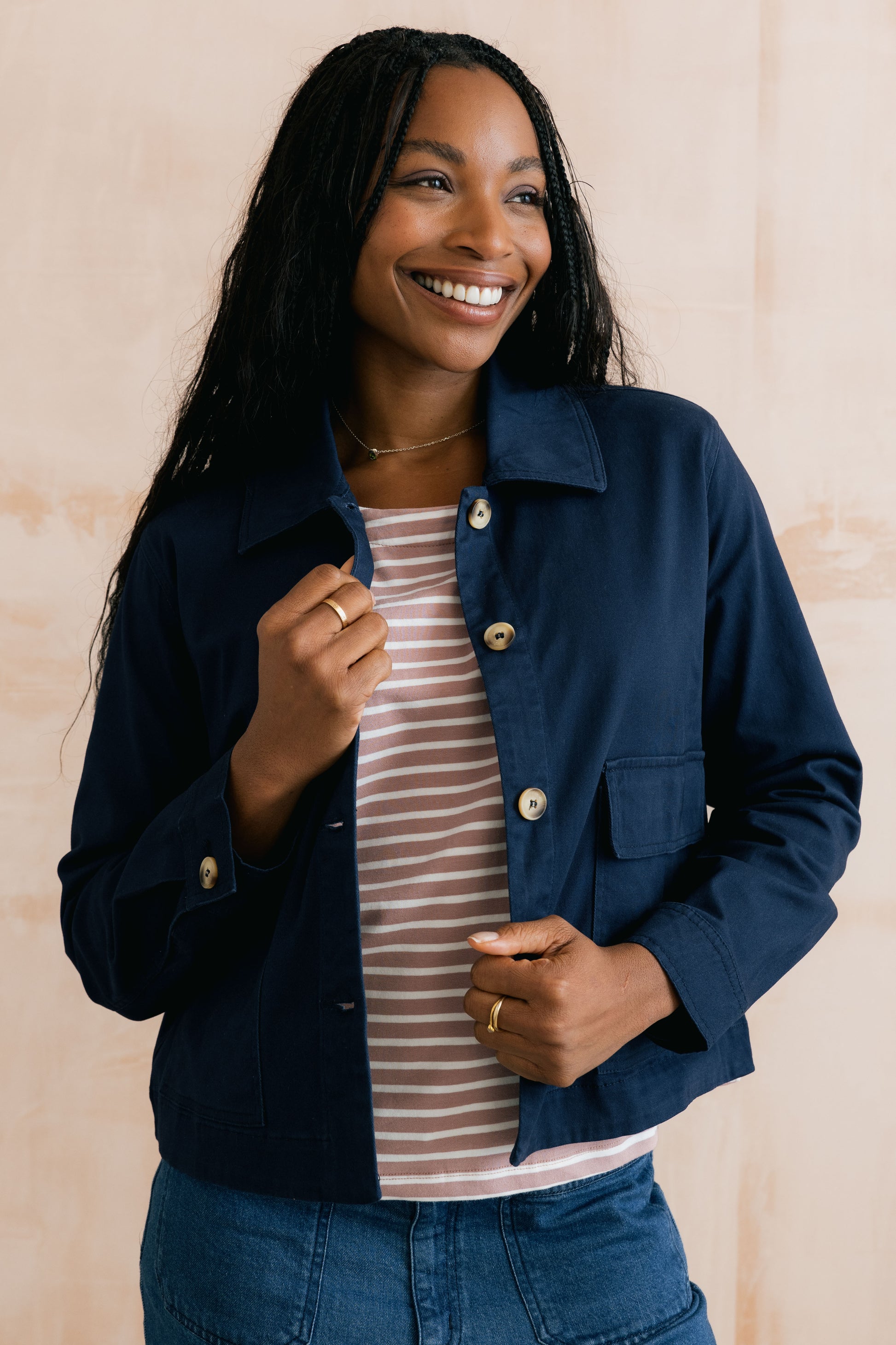 Navy plain twill cropped women's jacket 