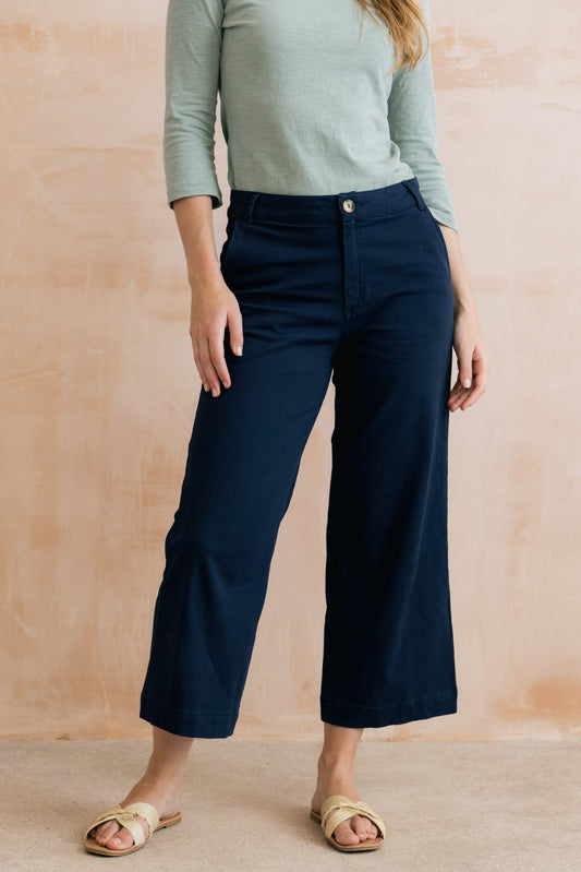 Navy cropped cotton twill trousers