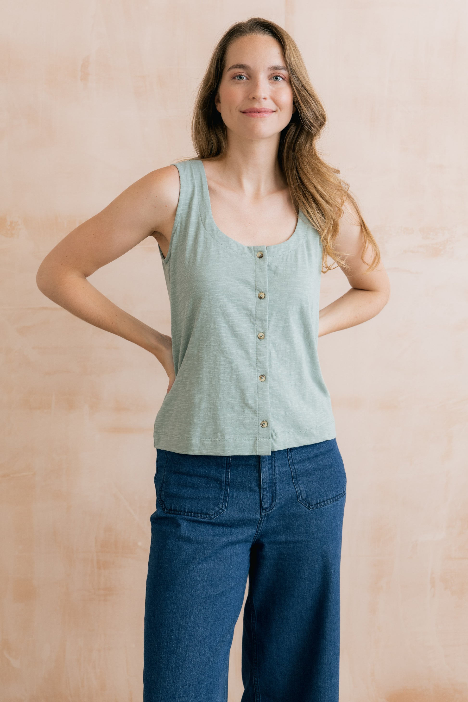 Lightweight sage cotton round-neck button front vest