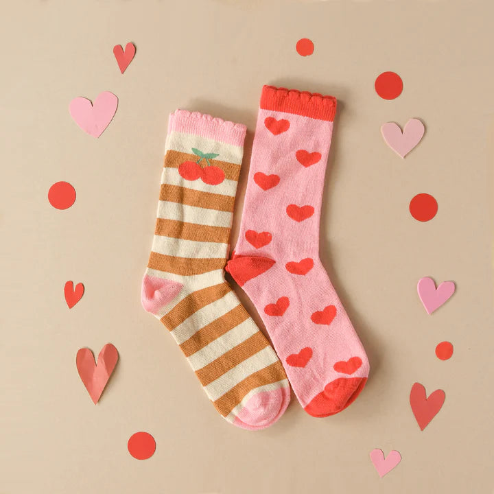 Stripy Cherry & Hearts Socks (2 Pack)