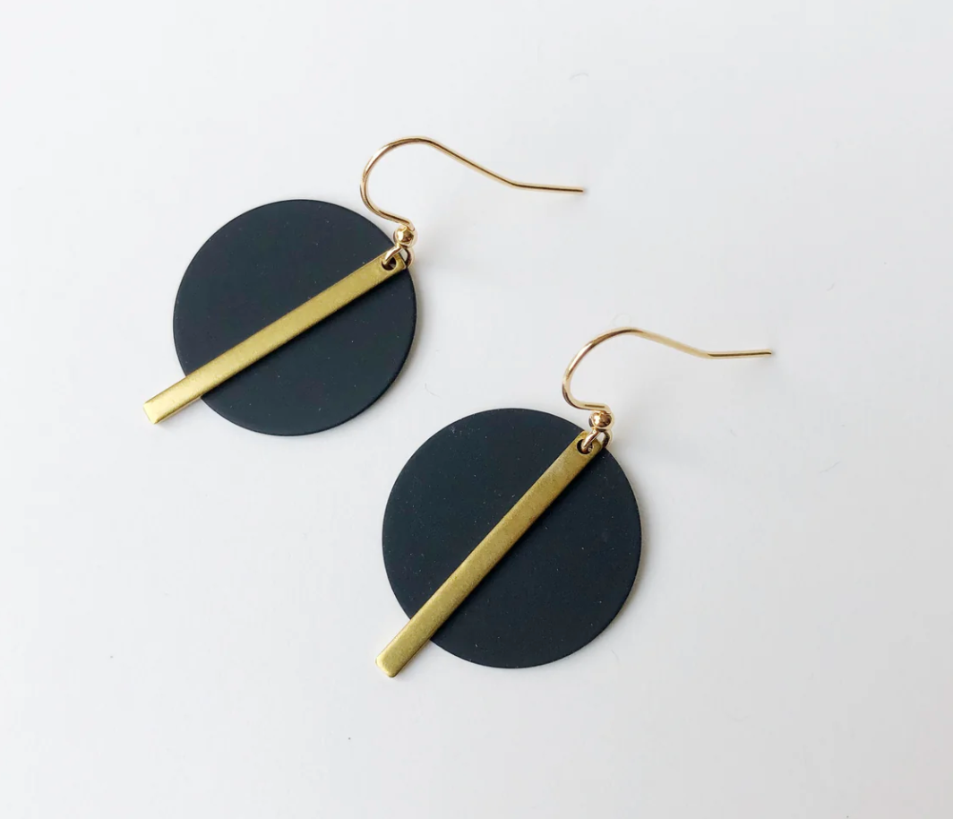 Solar Disc Earrings - Black - Gold