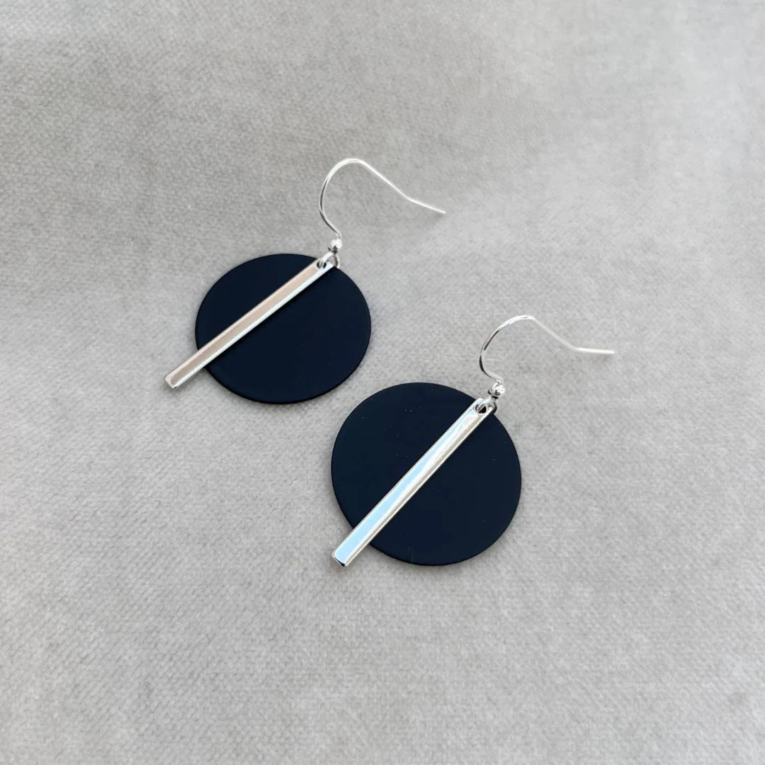 Solar Disc Earrings - Black - Silver