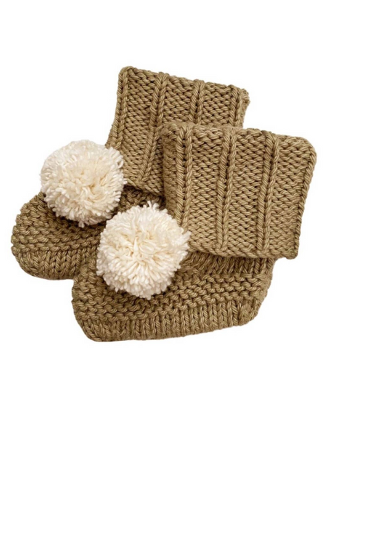 Beige Pom Pom Baby Booties (0-9 Months)