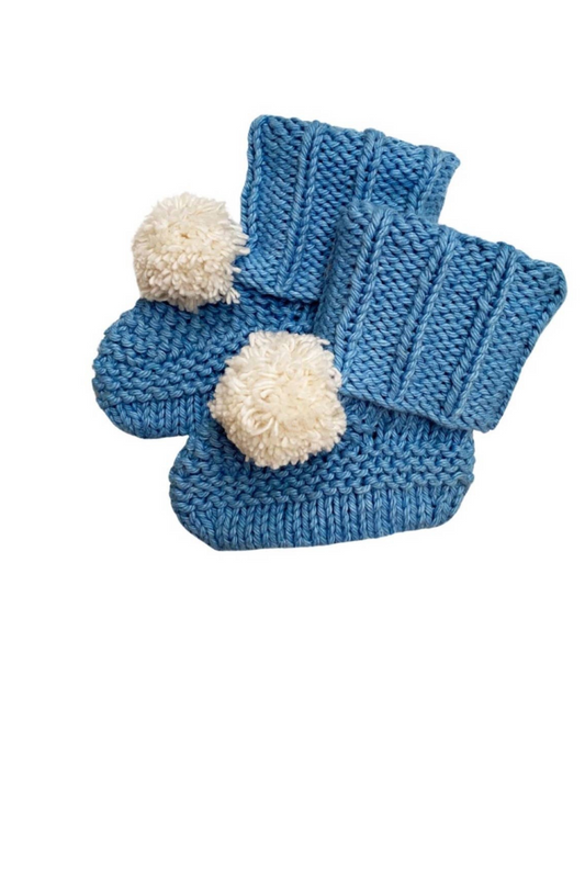 Blue Pom Pom Baby Booties (0-9 Months)