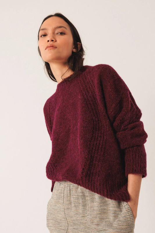 Loose Knit Wool Sweater - Burgundy