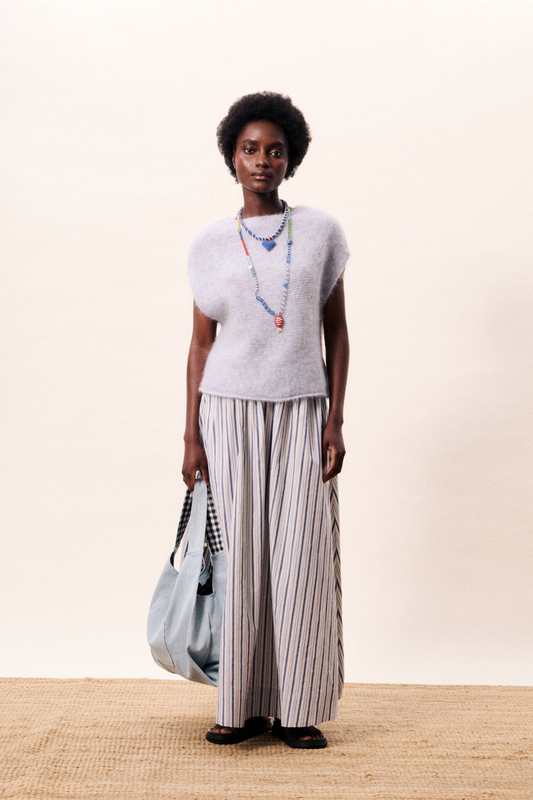 A relaxed light blue and white striped maxi skirt from FRNCH. Made from breathable cotton with a soft, fluid drape.