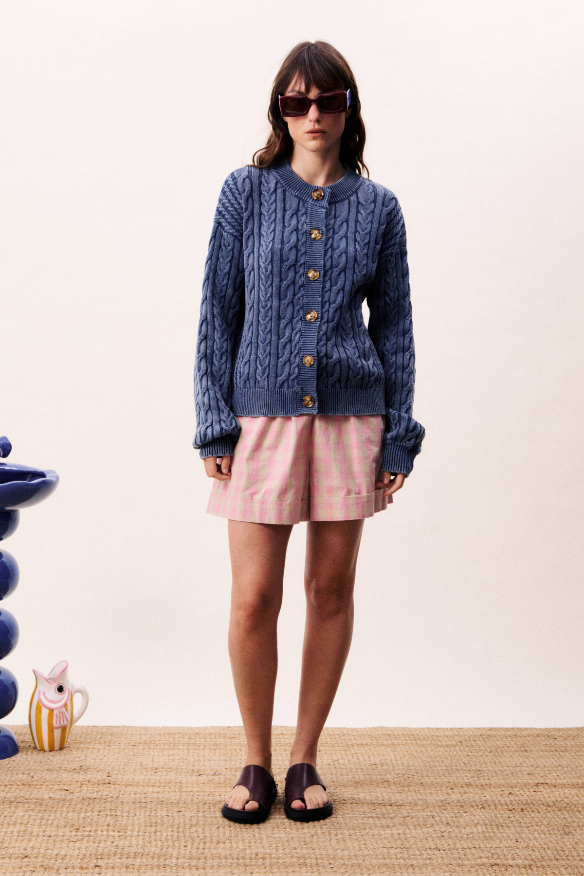 Pink and beige gingham women's cotton shorts