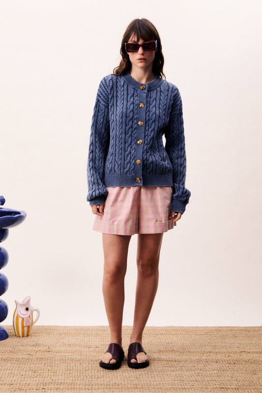 Pink and beige gingham women's cotton shorts