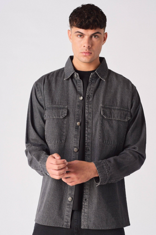 Cargo Denim Shirt - Grey Acid Wash